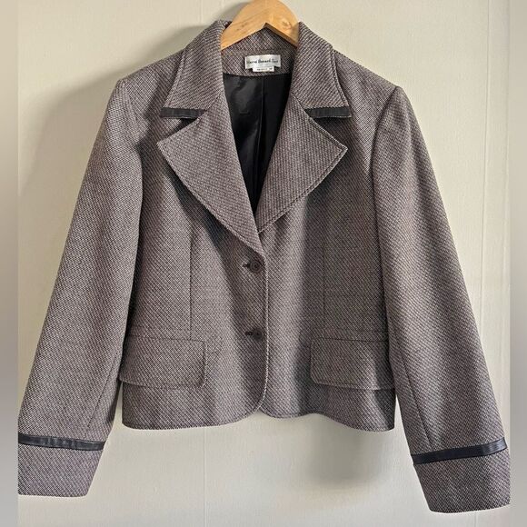 Vintage Harvé Benard Blazer L Herringbone Faux Leather Trim 90s Y2K - Picture 1 of 10